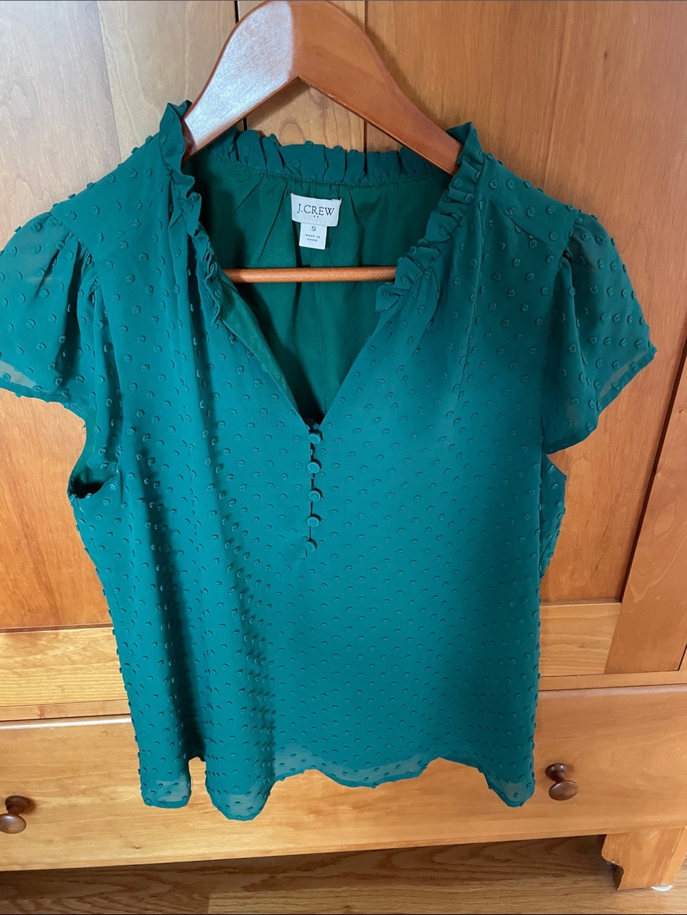 J. Crew Green Ruffle V-Neck Dot-Texture Blouse